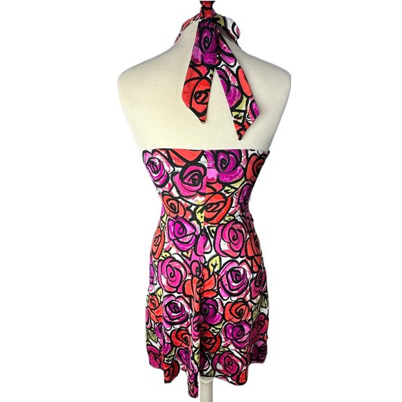 Cocktail Halter Mini Dress Size XS Floral Rose Pink Black Tie Up Speechless - Picture 2 of 7